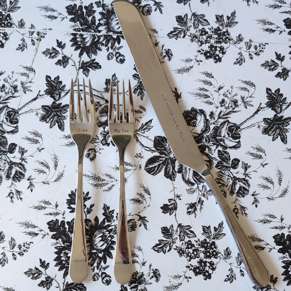 Wedding - Silver Hand Stamped Knife Cake Set With Forks